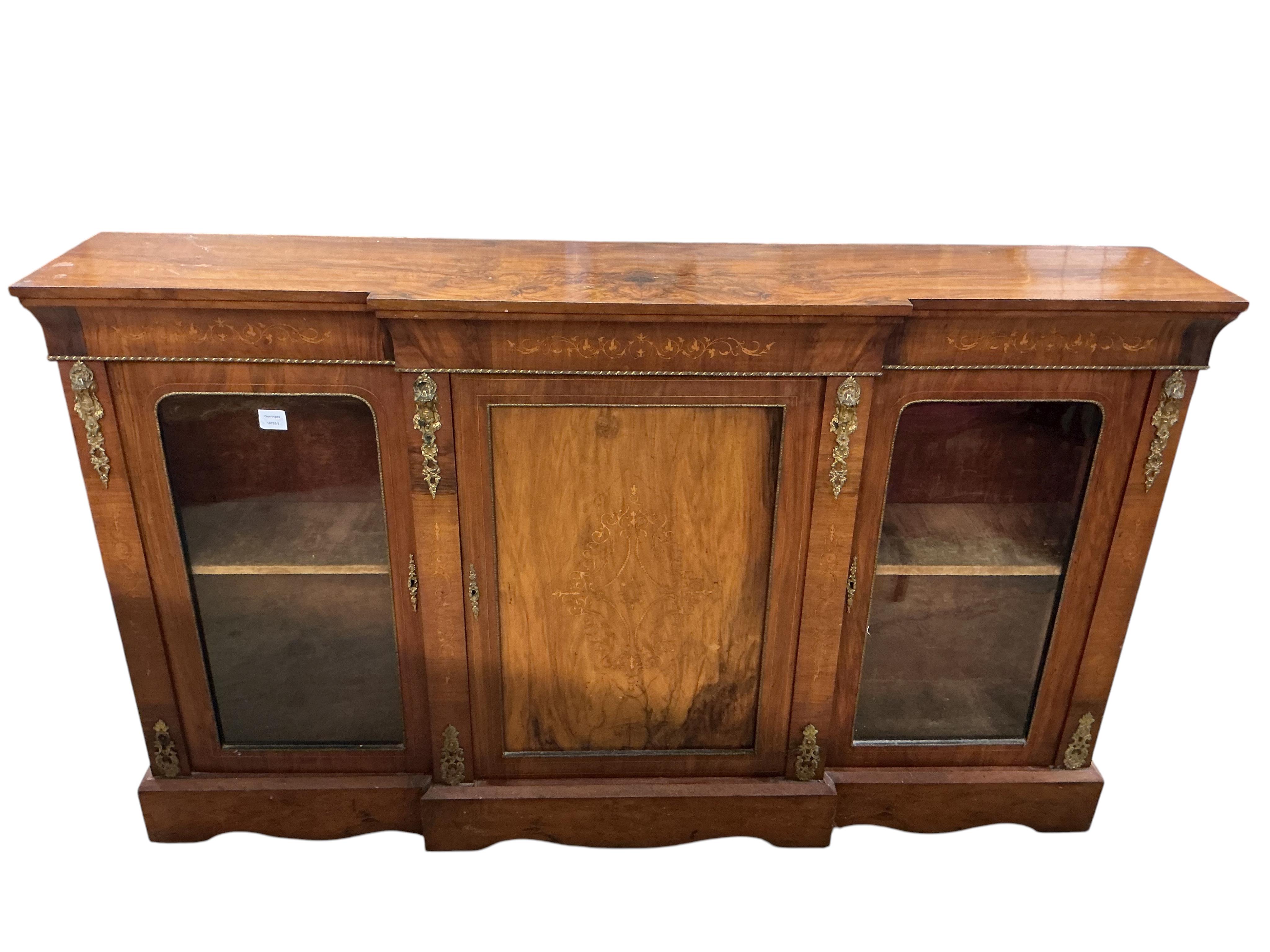 A Victorian inlaid gilt metal mounted breakfront side cabinet, width 176cm, depth 34cm, height 105cm